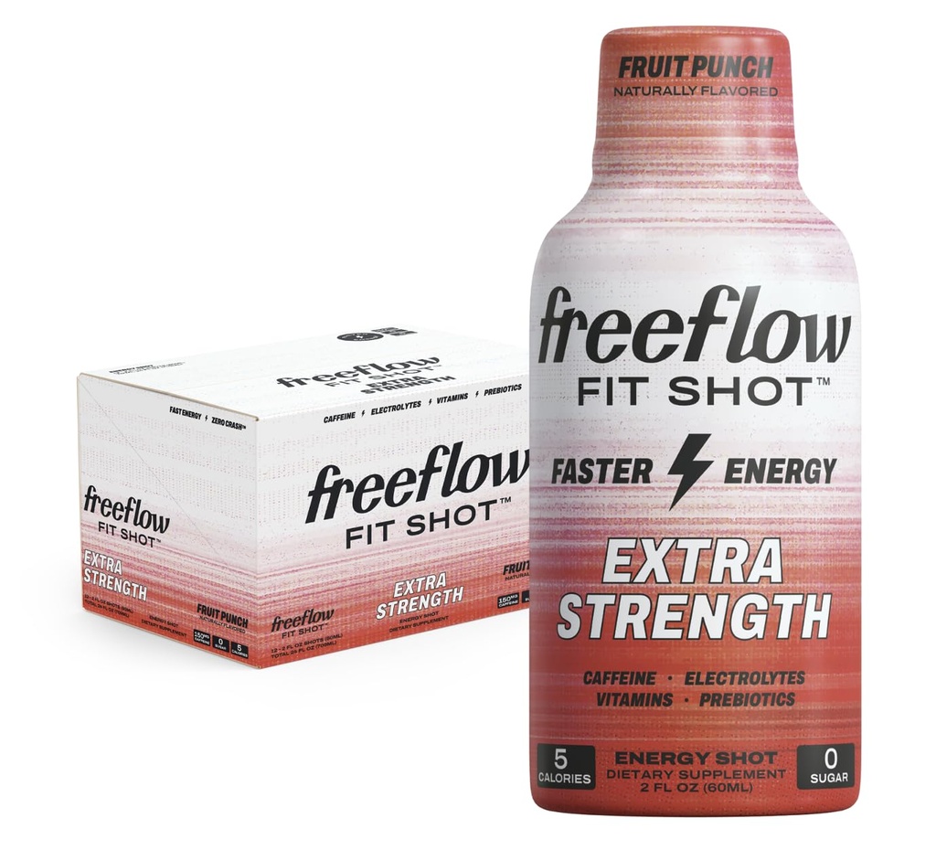 Freeflow Fit, Extra Strength Energy Shot, Fruit Punch (2 Ounce Shot, Pack of 12) - 150mg koffein Per Shot, Zero Calorie, Zero Sugar Energy Shot...