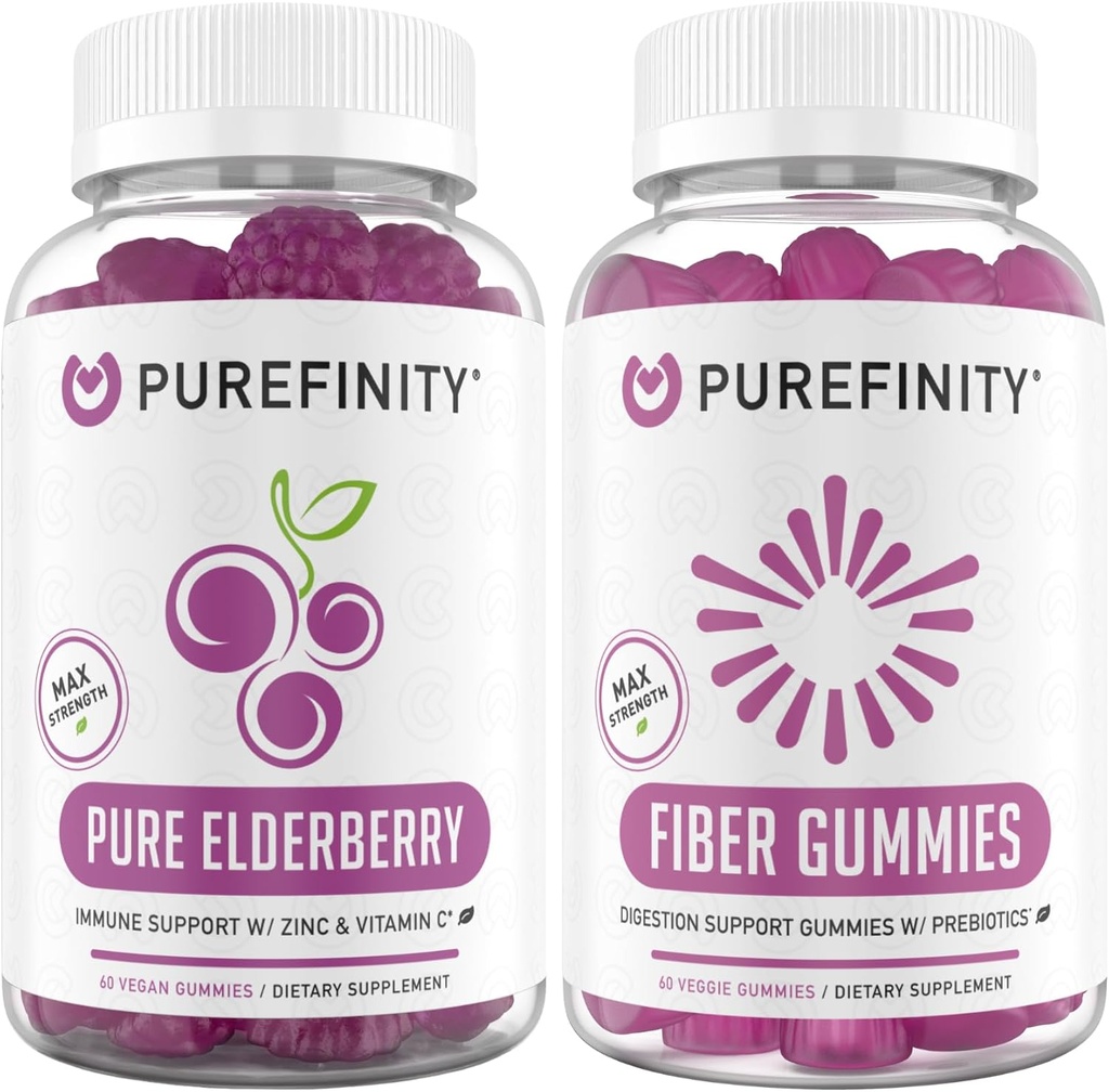PUREFINITY Fiber + Elderberry Gummies Bundle (Inulin FOS Prebiotic Fiber Gummies + Dobbelt styrke Elderberry Gummies med zink & C-vitamin)