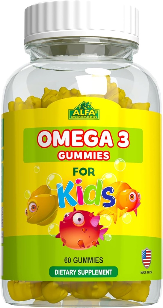 ALFA VITAMINS Omega 3 Kids Gummies, Understøtter Brain Development, Heart Health & Vision, Let at tygge, Omega 3 supplement til børn, Orange smag, Ingen Fishy Taste, 3 Gummies Daily, 60 Gummies