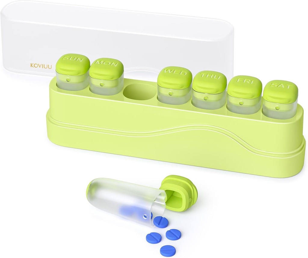 Ugentlig Pill Organizer 1 gang om dagen, KOVIUU Flytbar Pill Box 7 dag, Bærbar rejse Pill Case, Når daglig medicin Container Holder, Uge Pillbox Dispenser for Vitamin Medicine Supplement, Grøn