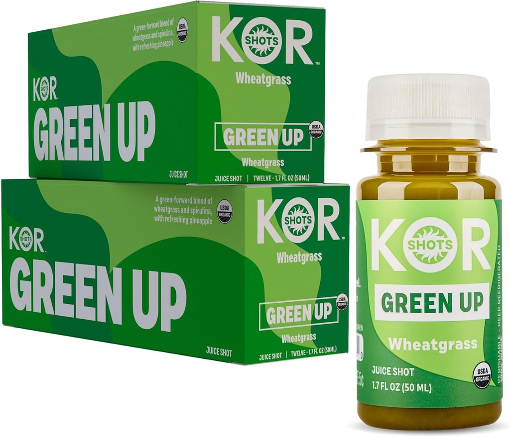 Kor Shot Wheatgrass Ginger Spirulina Shot - 24 Pack x 1.7 Fl Oz - Green Up Shot - Daily Green Superfoods Shot - USDA Certified Organic
