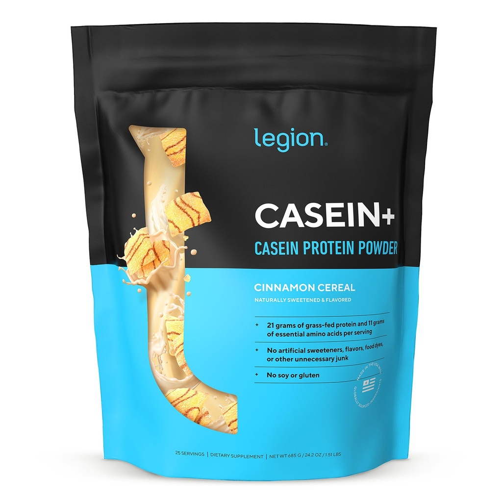 LEGION Casein + Casein Protein Powder (kanel cereal) - Slow-Release Micellar Protein Powder - Non-GMO, Gluten- Free & naturligt sødet pulver fra Grass- Fedtkøer