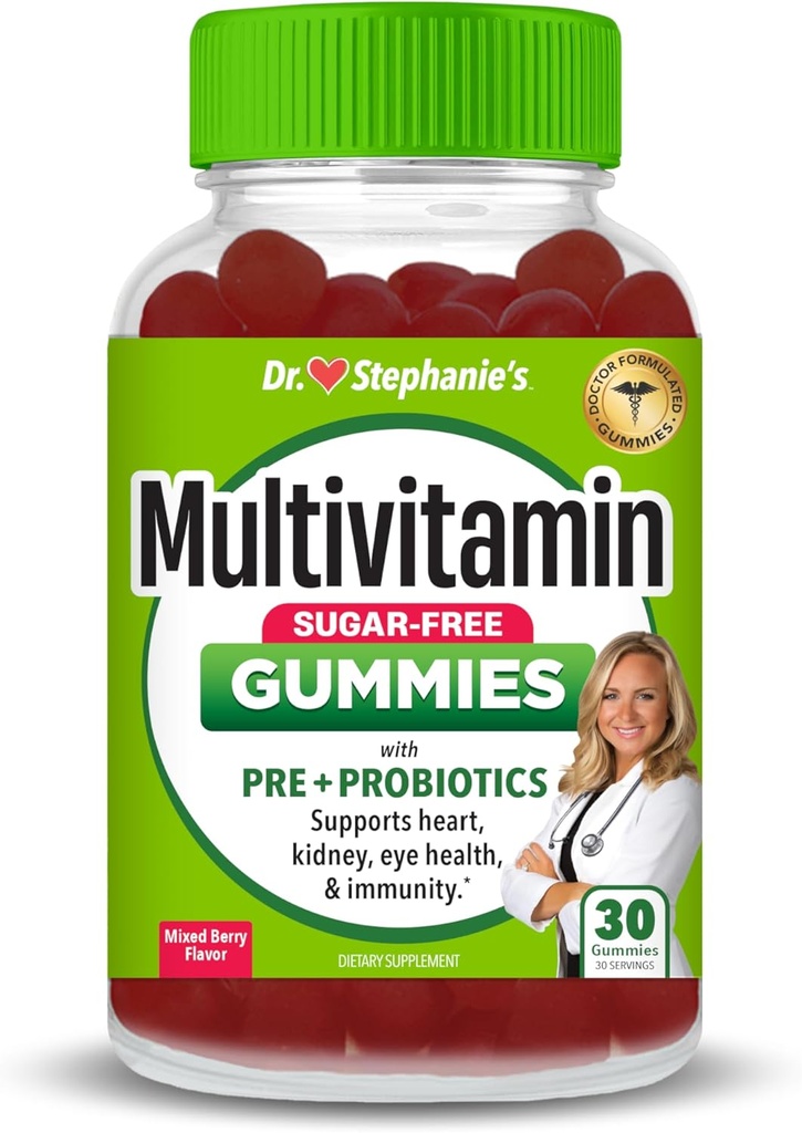 Dr. Stephanies Multivitamin Gummies - Sugar- Gratis med Prebiotika & Probiotika - Daglig støtte for øjne, Nyrer, Lever, hjerte, & fordøjelsessygdomme - Blandede berry flavor