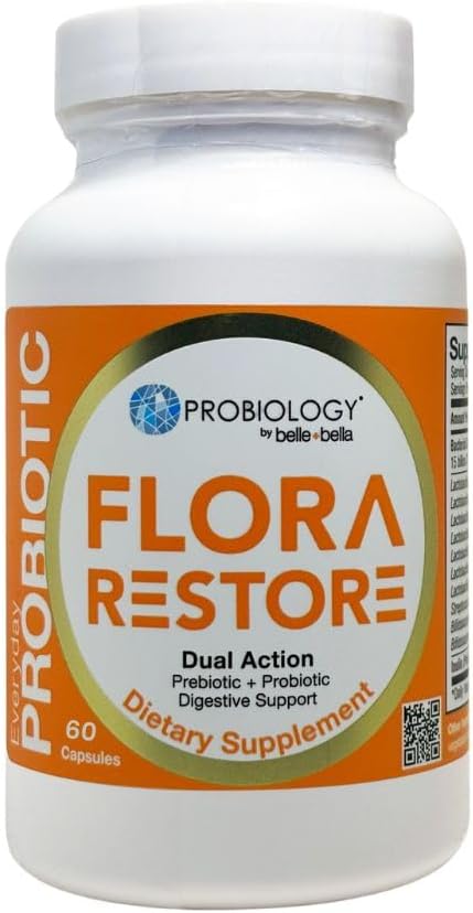 Belle + bella Flora Restore Daily Probiotic - 15 milliarder levende kulturer - Probiotika & Prebiotika til fordøjelse & Gut sundhed - immunforsvar - fremmer regelmæssighed - Vegan & Gluten Free - 60 Caps
