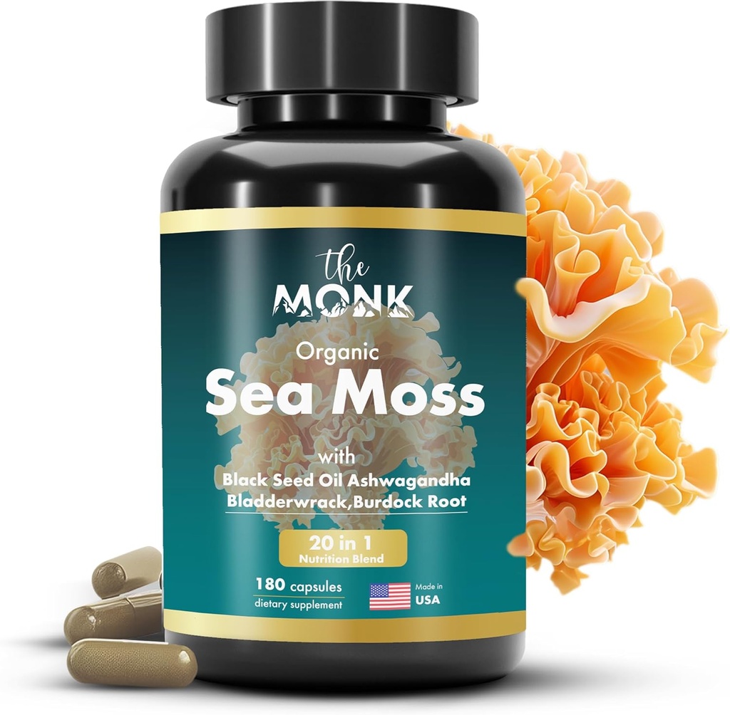 Organic Irish Sea Moss Capsules - Advance Formel, Raw Wildcrafted Seamoss Supplement med Bladderwrack og Burdock Root - 180 Pills - Lavet i USA