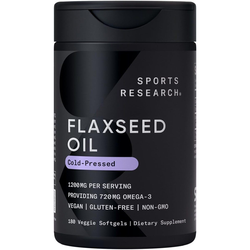 Sports Research Vegan Flaxseed Oil (1200mg) Urte supplement med Plant- baserede ALA Omega 3 - Vegan Certified & Non- GMO Verified - Gluten, Soy & Carrageenan Free (180 Veggie Softgels)