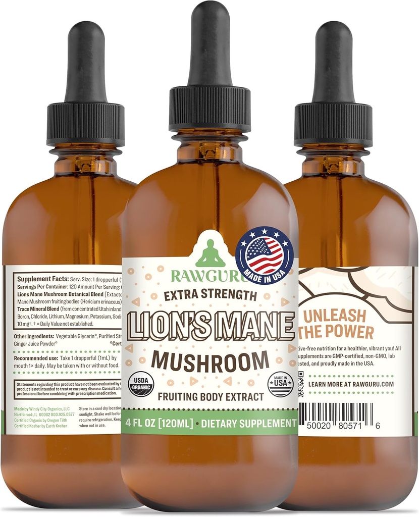 RawGuru Lions Mane Mushroom Tincture - Vegan Lions Mane Extract med Trace Minerals - Nano- Forarbejdede Immunitet Boost & Kognitive Supplement - 120 Serveringer af Vegan Drops pr 120 ml, Pack af 1