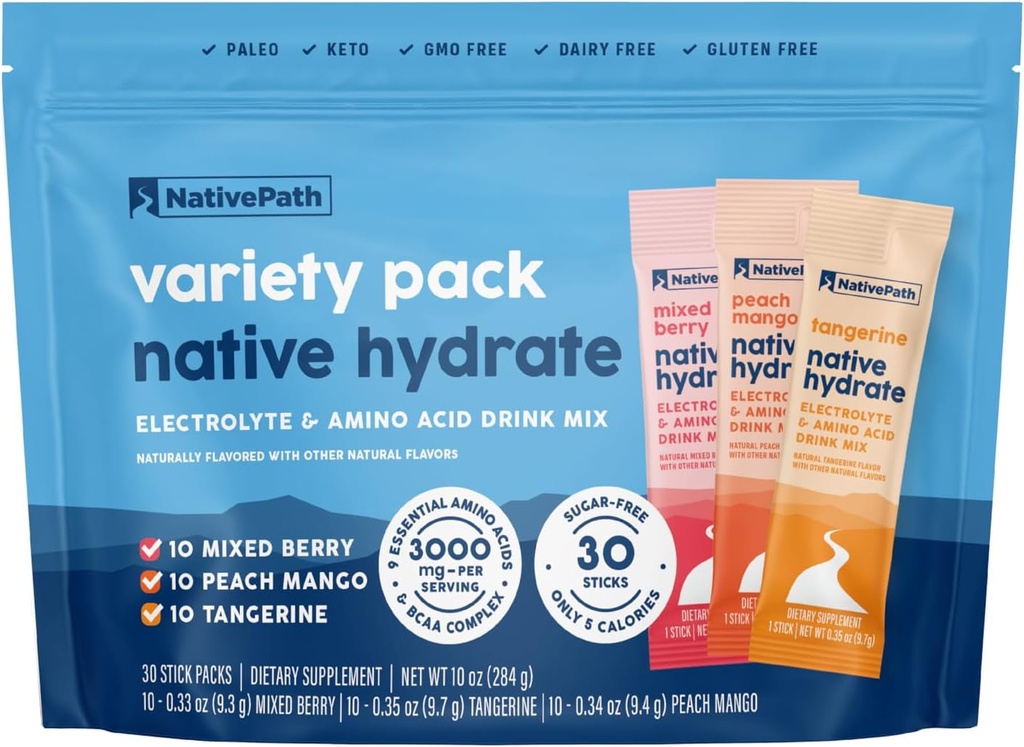NativePath Native Hydrate Stick pakker med elektrolytter og aminosyrer, Variety Pack, Blandede Berry, Peach Mango, Tangerine, 30 Servere