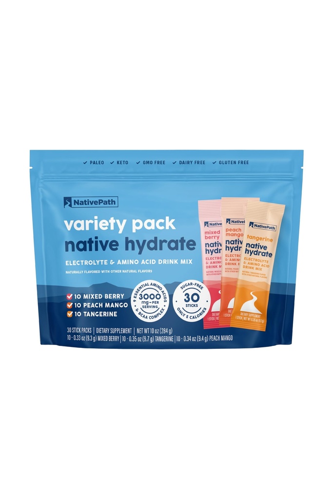 NativePath Native Hydrate Stick pakker med elektrolytter og aminosyrer, Variety Pack, Blandede Berry, Peach Mango, Tangerine, 30 Servere