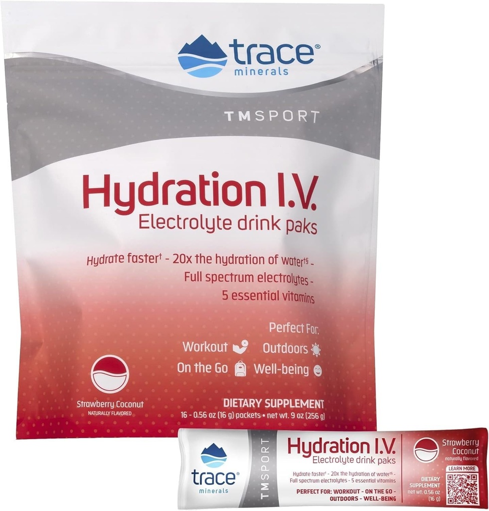 Trace Minerals Measures 124; Hydration I.V. Elektrolytter Powder Packets Measures 124; Full Spectrum Recovery Mineral Mix for Rapid Rehydration, Natural Energy and Muscle Stamina Measures 124; Strawberry Couscos Measures 124; 16 Travel Packs