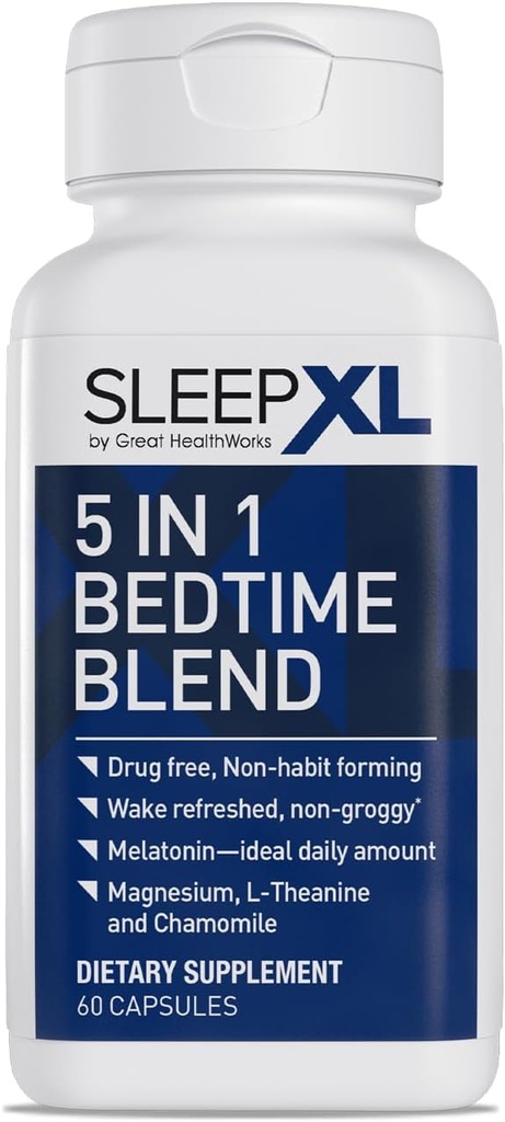 SleepXL Sleep Supplement Non- Habitat-Formulering Formel - Falde Asleep Hurtigere & Sove Længere - 5 vigtigste ingredienser omfatter Melatonin, L- Theanine, Kamille, Magnesium & Vitamin B6 (60 kapsler, 30 Servere)