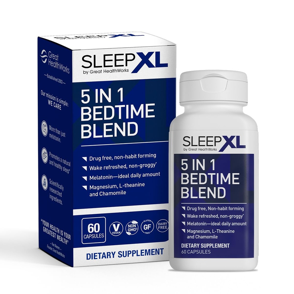 SleepXL Sleep Supplement Non- Habitat-Formulering Formel - Falde Asleep Hurtigere & Sove Længere - 5 vigtigste ingredienser omfatter Melatonin, L- Theanine, Kamille, Magnesium & Vitamin B6 (60 kapsler, 30 Servere)