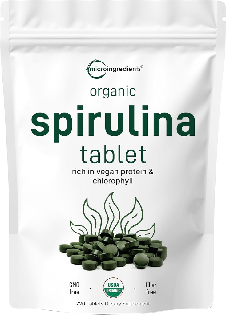 Mikroingredienser Økologisk Spirulina tillæg, 3000MG Per Servering, 720 tabletter (4 måneder Tilgang), Ingen Filler & Non- GMO, Rig i Vegan Protein, Vitamin & Prebiotika, Premium Spirulina piller