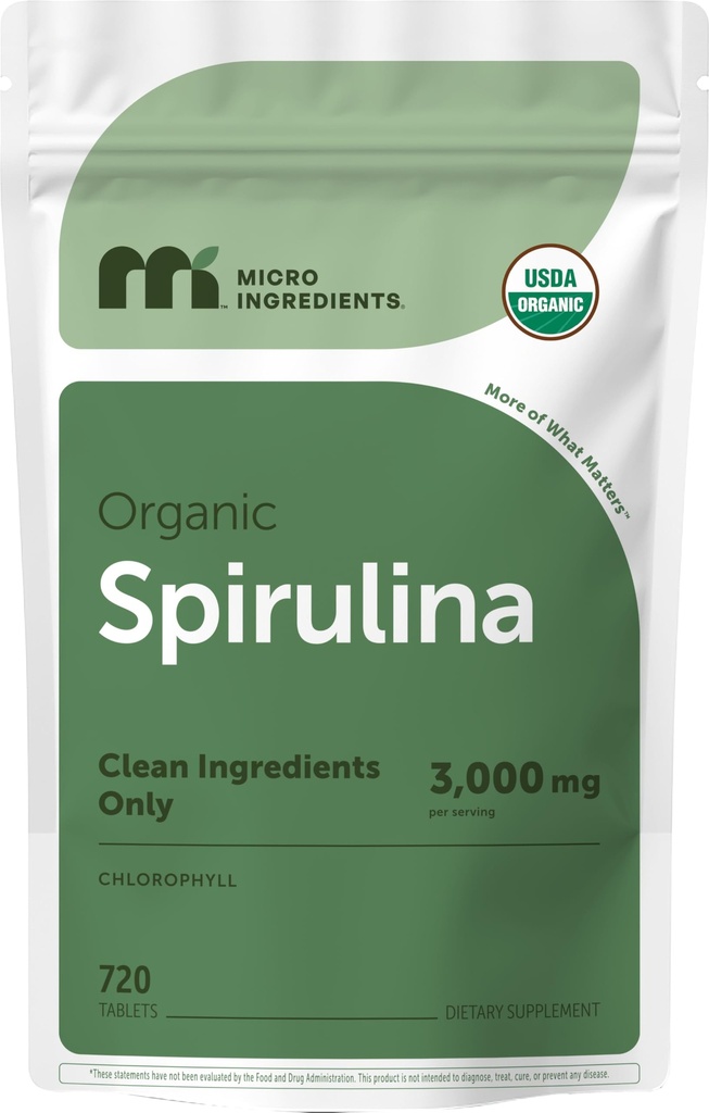 Mikroingredienser Økologisk Spirulina tillæg, 3000MG Per Servering, 720 tabletter (4 måneder Tilgang), Ingen Filler & Non- GMO, Rig i Vegan Protein, Vitamin & Prebiotika, Premium Spirulina piller