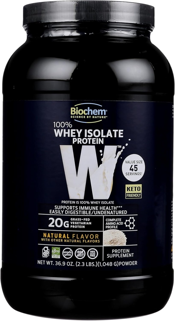 Biochem 100% Whey Isolate Protein - Natural Flavor - 20g Protein - Pre & Post Workout - Meal Erstatning - Keto-Friendly - Nemt fordøjeligt - Silky Glat Smag - Let at blande (36.9 oz)