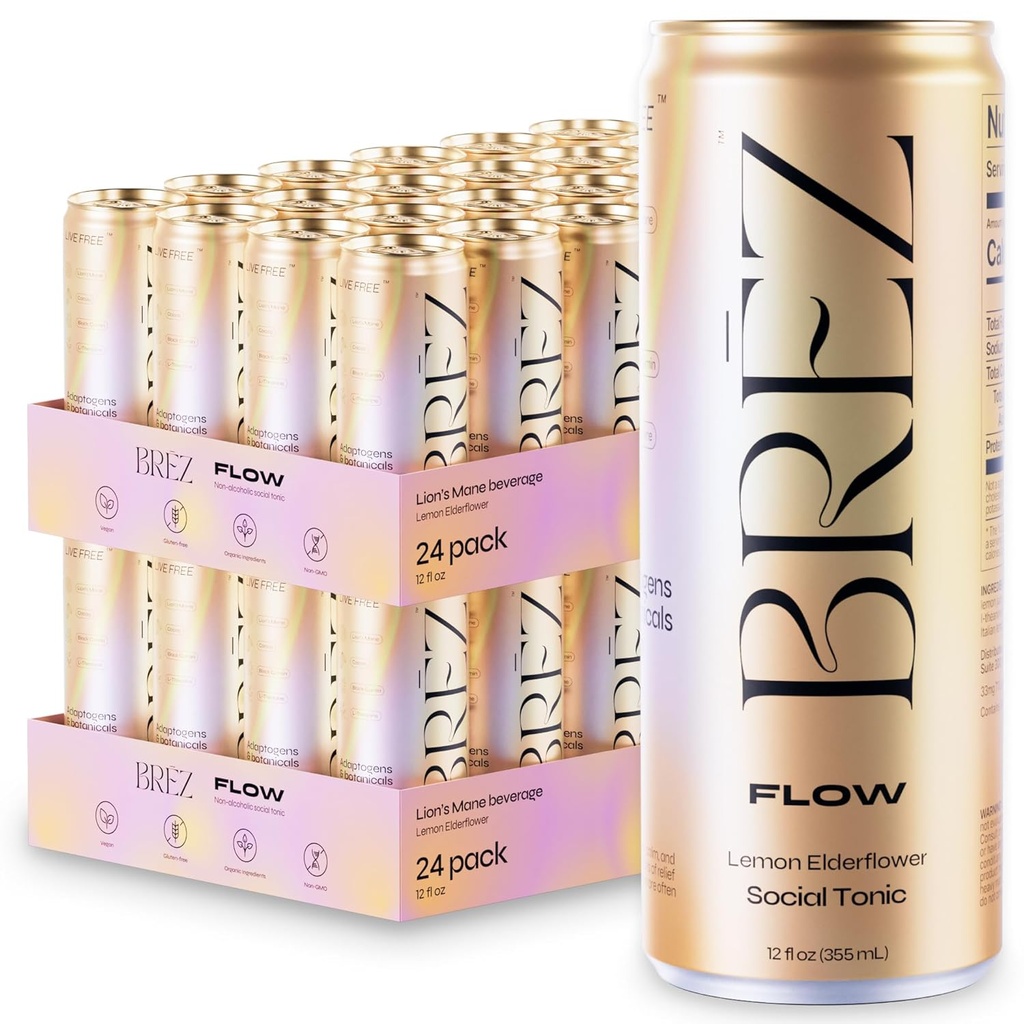 BREZ FLOW Lions Mane Mushroom Drink, 48- Pack, Non- Infured, Adaptogens, Lempelse, Opløftning, og Social, Sparkling Lemon Elderflower Tonic 12 Fl oz