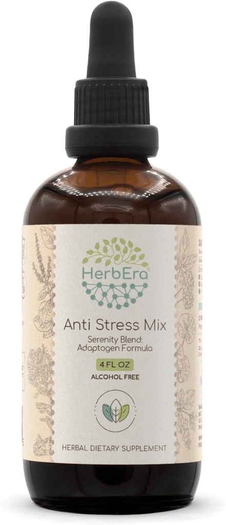 Anti Stress Mix B120 Alkoholfri ekstrakt Tinktur, Eleuthero Root, Rhodiola Root, Schisandra Berry, Gotu Kola Herb, Holy Basil Herb. Serenity Blend: Adaptogen Formel 4 Fl Oz