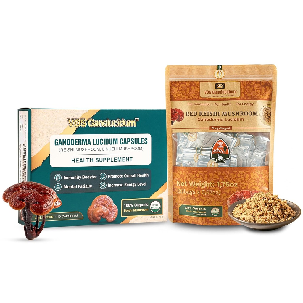 VOS GANOLUCIDUM Combo For bedre sundhed, Daglig immunforsvar Boosting Red Reishi Mushroom Kapsler (30 kapsler) & Organic Finely Chopped Reishi Mushroom (1.76 Oz), Energy Booster & Perfekt i madlavning