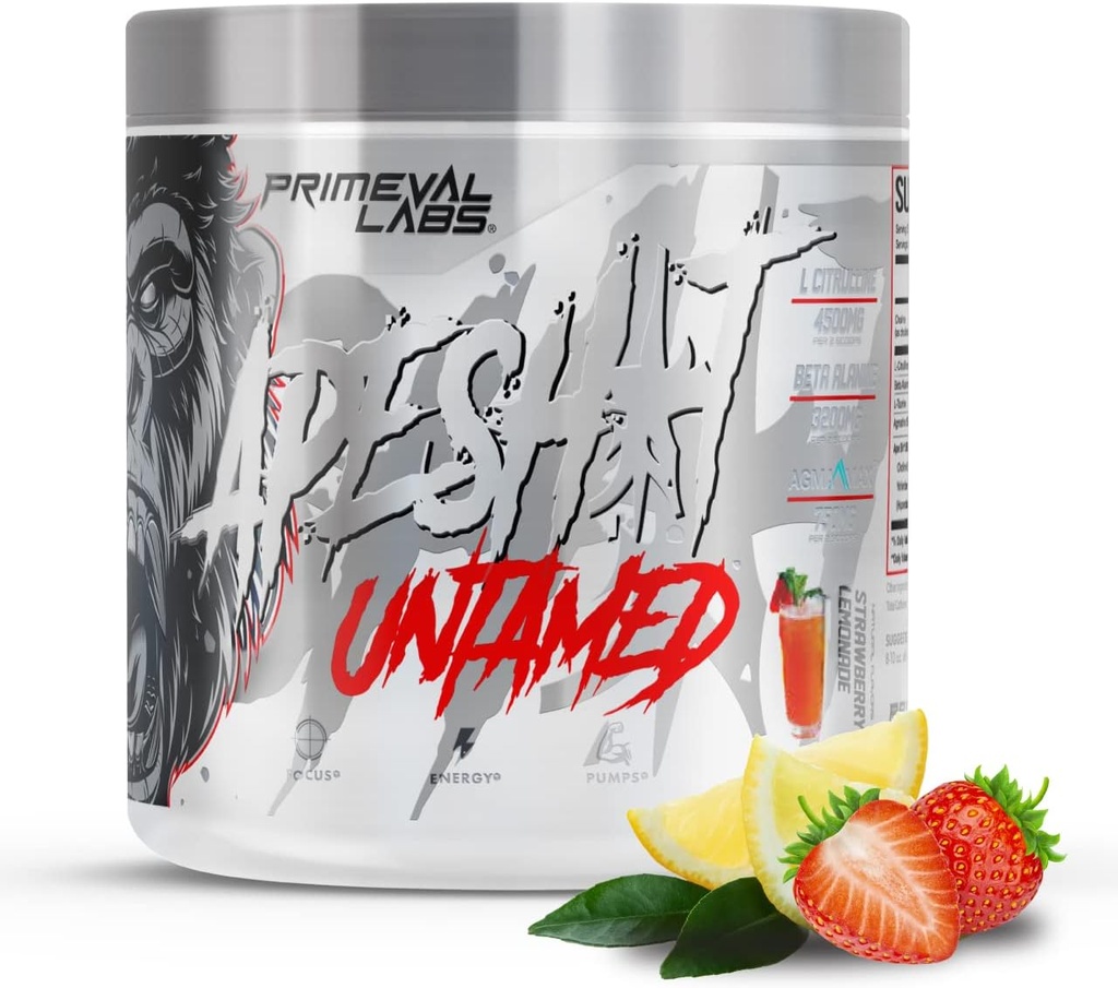 Primeval Labs Ape Untamed Pre Workout Energy Drink Powder, 40Servering Strawberry Lemonade, Max Support for Pumps & Focus, Øget ydeevne, Nitrogen Oxide Produktion med L- Citrullin, Beta Alanine