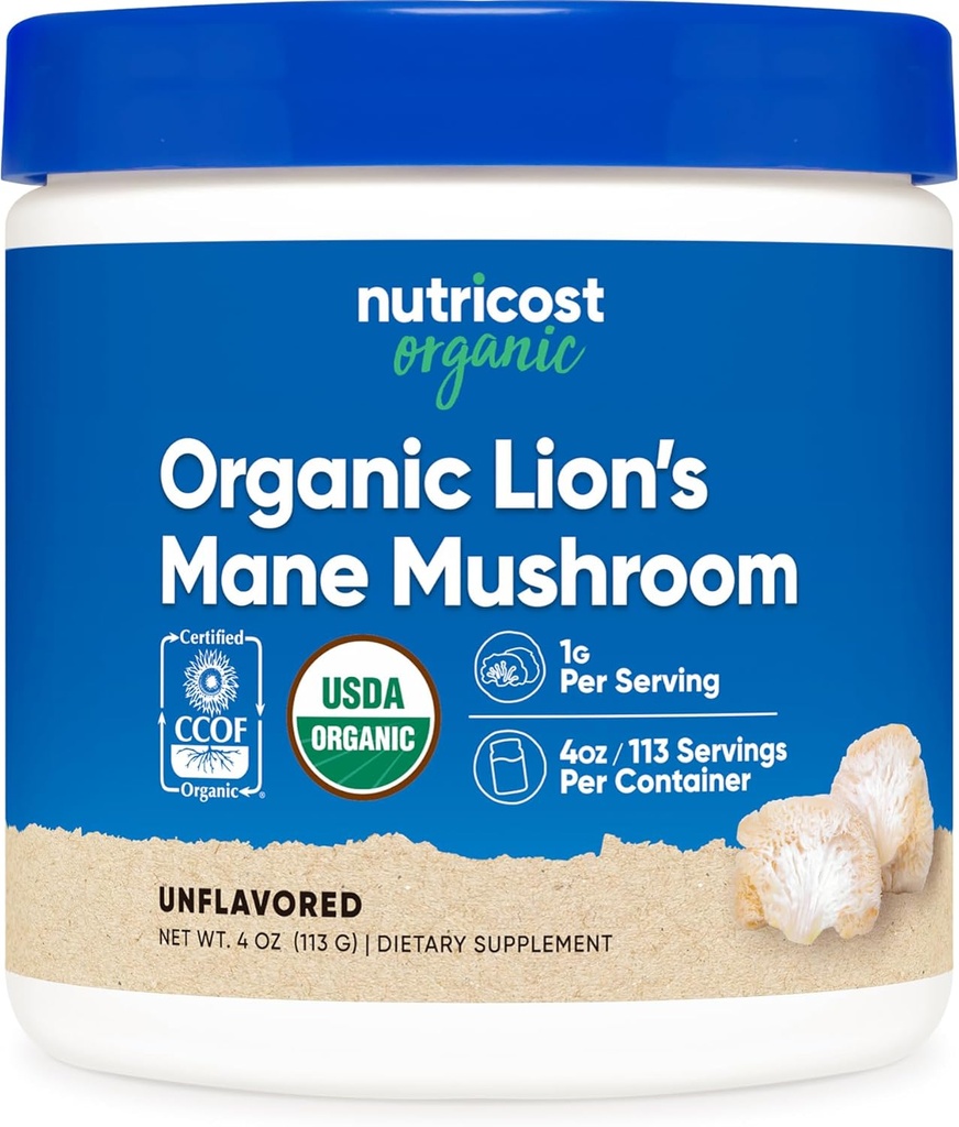 Nutricost Organic Lions Mane Mushroom Powder 4oz - Certificeret USDA Organic