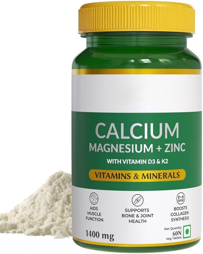 Naturals Calcium Magnesium & Zinktabletter med vitamin D3 & K2 (600 IE), Calciumtilskud til kvinder og mænd, til muskelsundhed