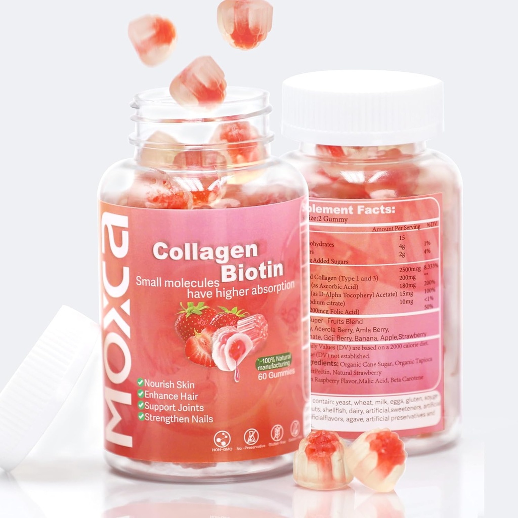 Collagen Gummies - 60 Greve, Hydrolyzed Collagen Type 1 & 3, C-vitamin E for kvinder Mænd sund hud hår Joints Support, Non-GMO, Gluten- Free, Gelatin- Free (120 Tæller)