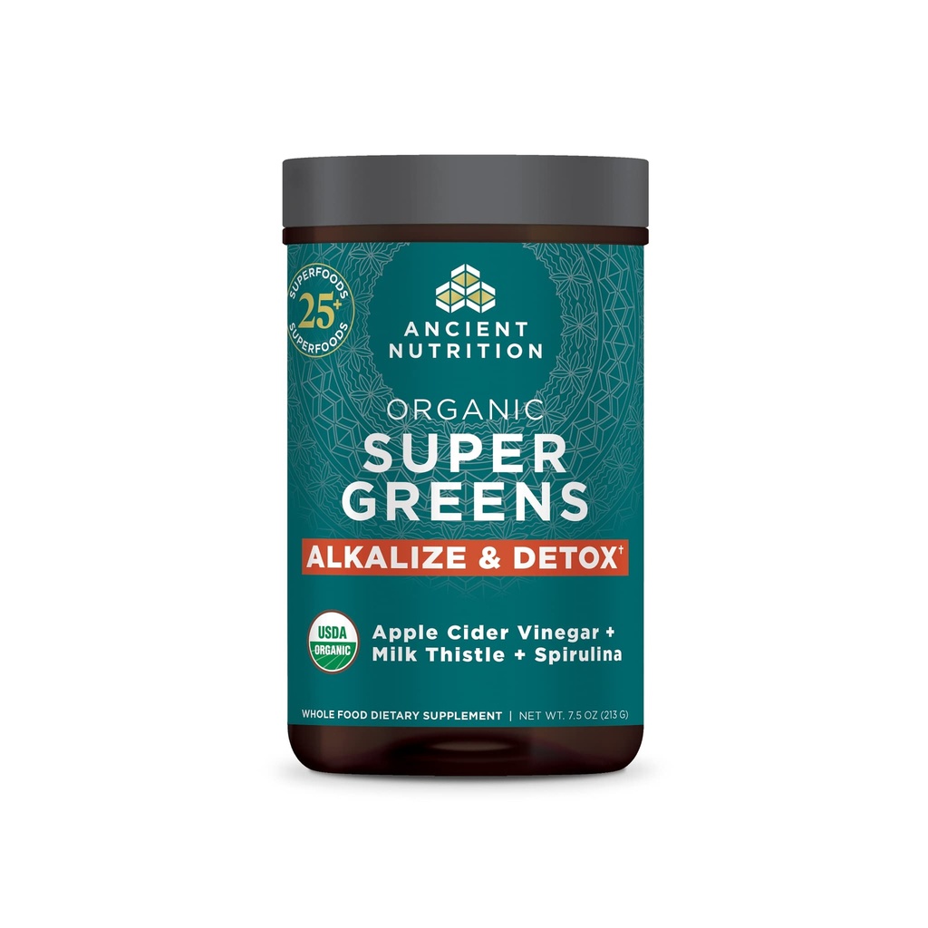 Ancient Nutrition Supergreens Alkalize & Detox Powder, Organic Superfood Powder Lavet af ægte frugter, grøntsager og urter, for fordøjelses- og energistøtte, 25 Servere, 7.5oz
