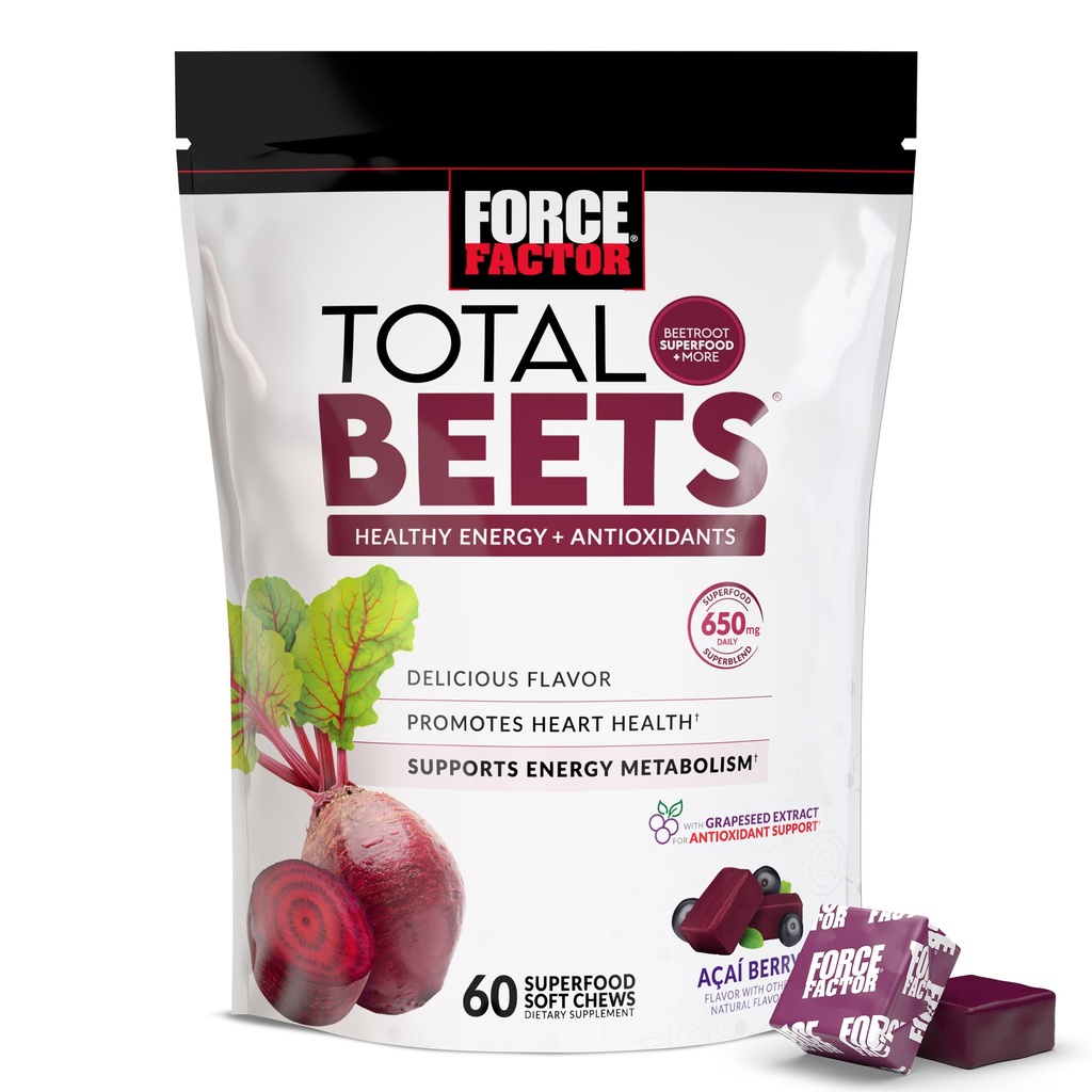Kraftfaktor Total Beets Soft Chews med Beetroot, Nitrater, L-Citrullin, Grapeekstrakt, og Antioxidanter, Sund energi tillæg med Elite Ingredienser, Heart Health Superfood, 60 Chews