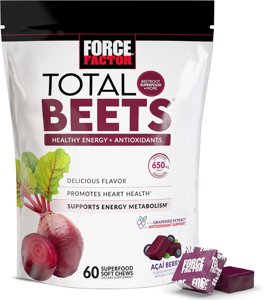 Kraftfaktor Total Beets Soft Chews med Beetroot, Nitrater, L-Citrullin, Grapeekstrakt, og Antioxidanter, Sund energi tillæg med Elite Ingredienser, Heart Health Superfood, 60 Chews