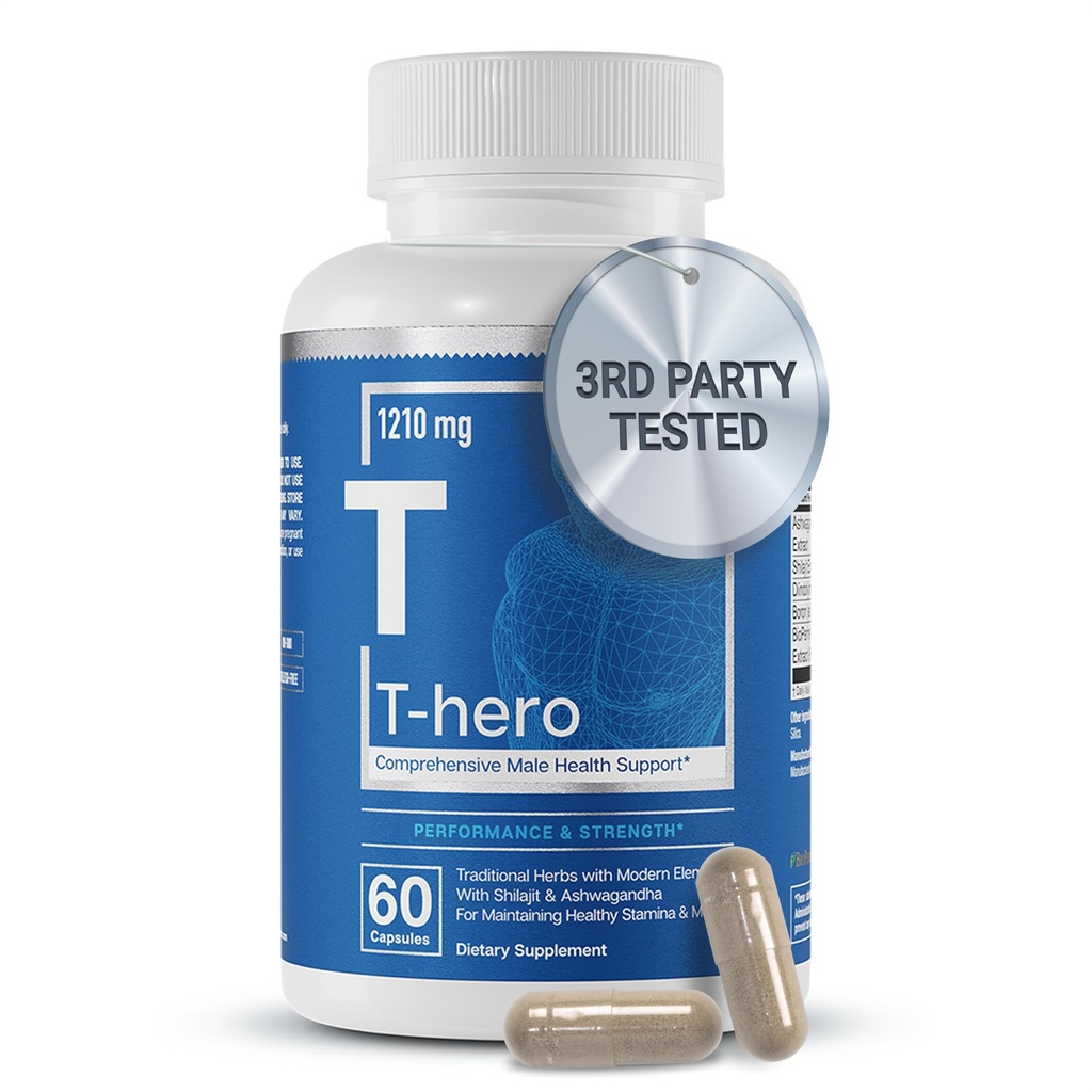 Væsentlige elementer T-Hero - Daglig Testosteron støtte til mænd - fremmer Vitality & Drive - med Ashwagandha, Shilajit, Boron, DIM - 60 Greve - 30 Tjenester