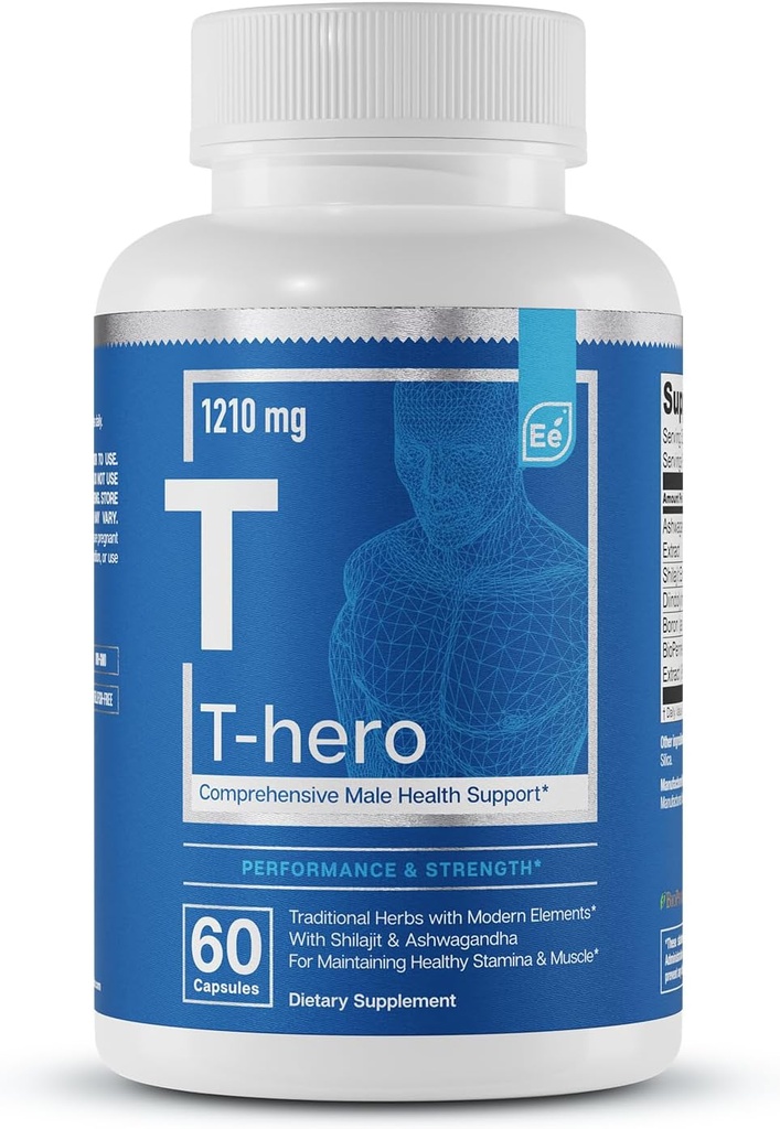 Væsentlige elementer T-Hero - Daglig Testosteron støtte til mænd - fremmer Vitality & Drive - med Ashwagandha, Shilajit, Boron, DIM - 60 Greve - 30 Tjenester