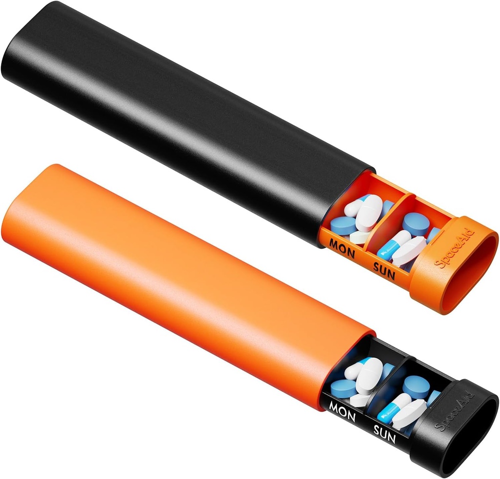 SpaceAid 2 Pack Pill Organizer Box 7 Dag, Ugentlig rejse Pill Case Holder, 2 gange om dagen PM Daily Pocket Pharmacy Dispenser Container til piller, vitaminer og medicin (sort, orange)