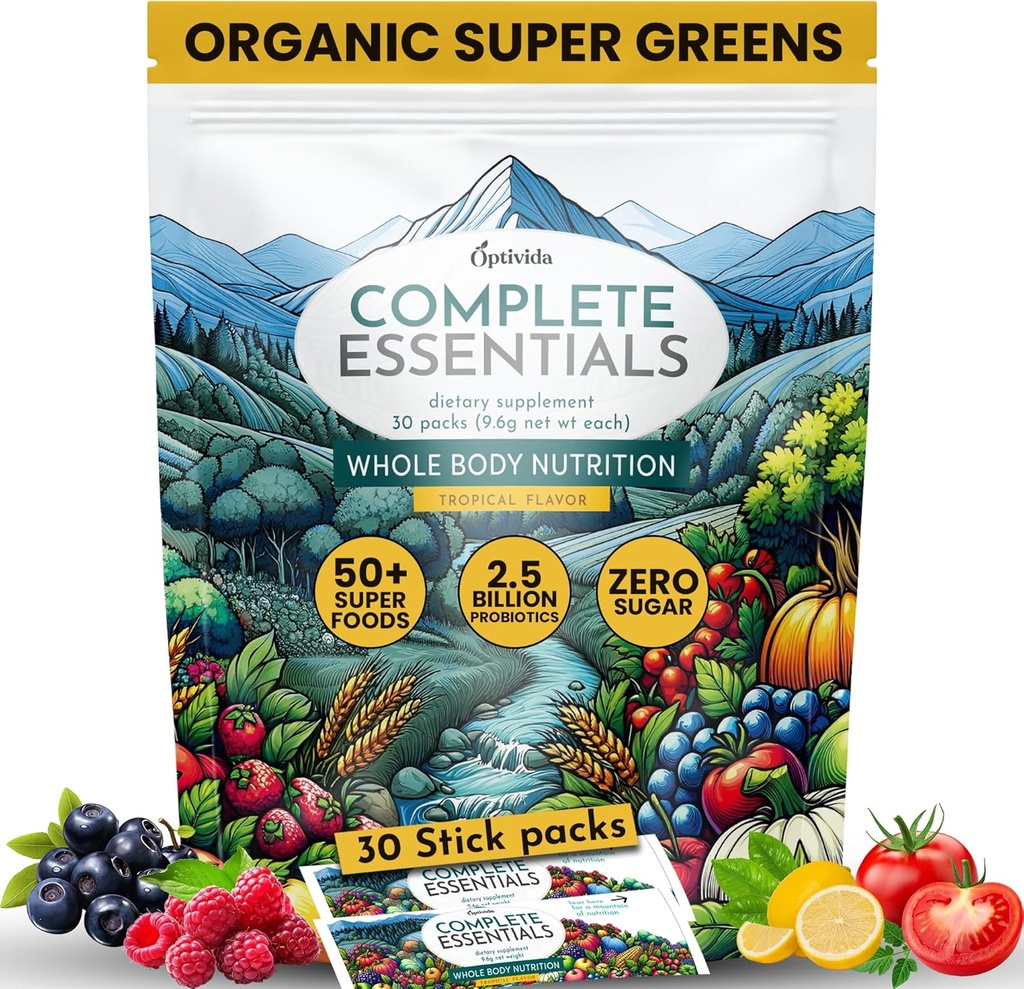 OPTIVIDA Fruits & Veggie Mix Super Green Powder Packets (30 dage) - 50 + Superfood Green Juice Powder & Green Kosttilskud W / Probiotic, Antioxidant, fordøjelsesfremmende enzymer & adaptagen blandinger til Gut Health