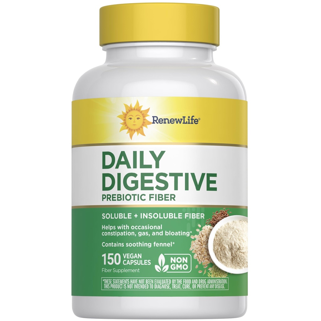 Renew Life Voksen Daglig fordøjelsesmiddel Prebiotic Fiber, 150 Vegetariske kapsler (Pakke Maj Vary)