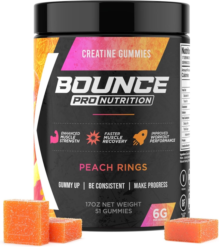 Bounce Pro Creatine Monohydrate Gummies for Mænd & Kvinder, lav kalorie, 6G Creatine per Serving, Vegan, Anti- Smeltning, Gluten- Free, Non- GMO, 2g Creatine per Gummy (51ct, Peach Rings)