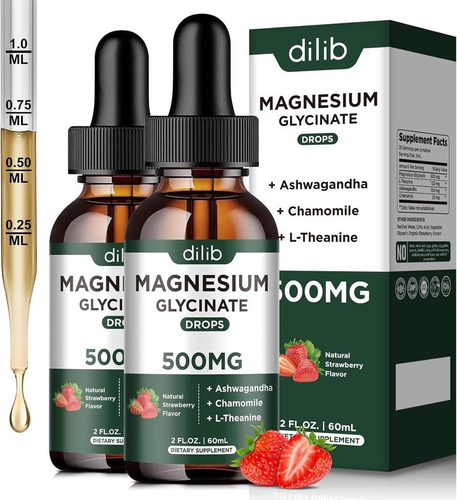 Magnesium Glycinate Liquid Drops Supplement, med Magnesium Glycinate 500mg Ashwagandha, L - Theanin, Kamille -Support Stress Relief, Ben, Muskel, Mood Strawberry Flavor 2Pack