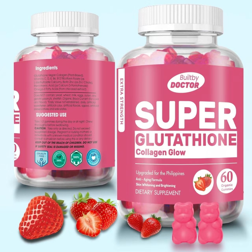 Super glutathion Collagen Glow Gummies, Glutathion hudpleje - Skin Brightening - Gummies Collagen - Anti- Aging L- Glutathion - Marine Collagen & Vitaminer