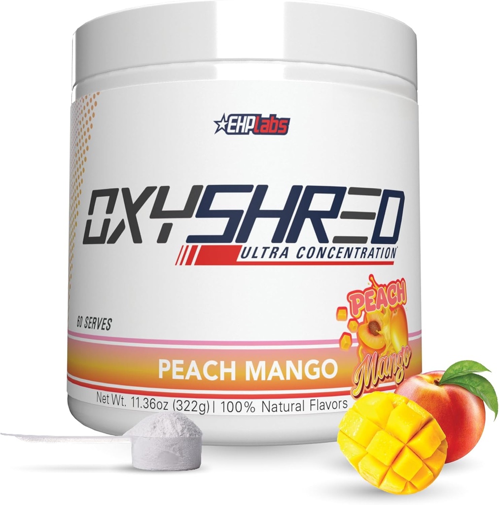 EHP Labs OxyShred Pre Workout Powder - Preworkout Powder med L Glutamin & Acetyl L Carnitin, Energy Boost Drink - Peach Mango, 60 Servere
