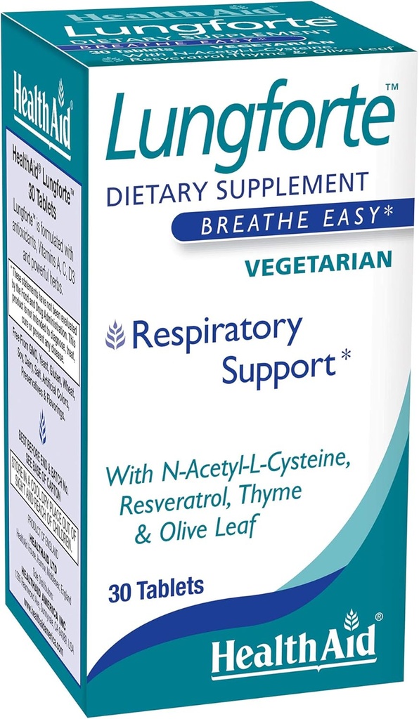HealthAid LungForte 30 tabletter - Daily Antioxidant Lung Support med NAC, Resveratrol, Olive Leaf, Thyme & Vitaminer A, C & D3 - Vegetarisk, Ikke-GMO