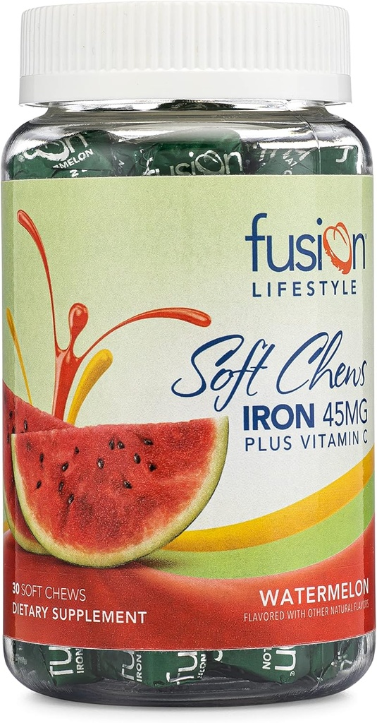 Jerntilskud til kvinder og mænd, Watermelon Flavored Iron Soft Chew Plus C-vitamin for jernmangel og anæmi, 1 måned Tilgang, 30 Greve