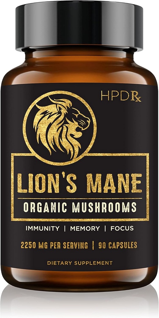 HPD Rx Lions Mane Mushroom Extract Capsules Natural Nootrop, Understøtter Hukommelse & Fokus, Immunitet Booster - Potent Mushroom Support 124; 2250 mg, 90 Kapsler, pakke med 1