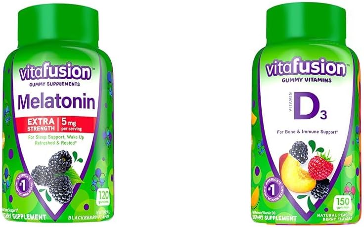 Viafusion Ekstra styrke Melatonin Gummy Vitaminer, 5mg, 120 ct Gummies & Vitamin D3 Gummy Vitaminer til ben og immunsystemet støtte