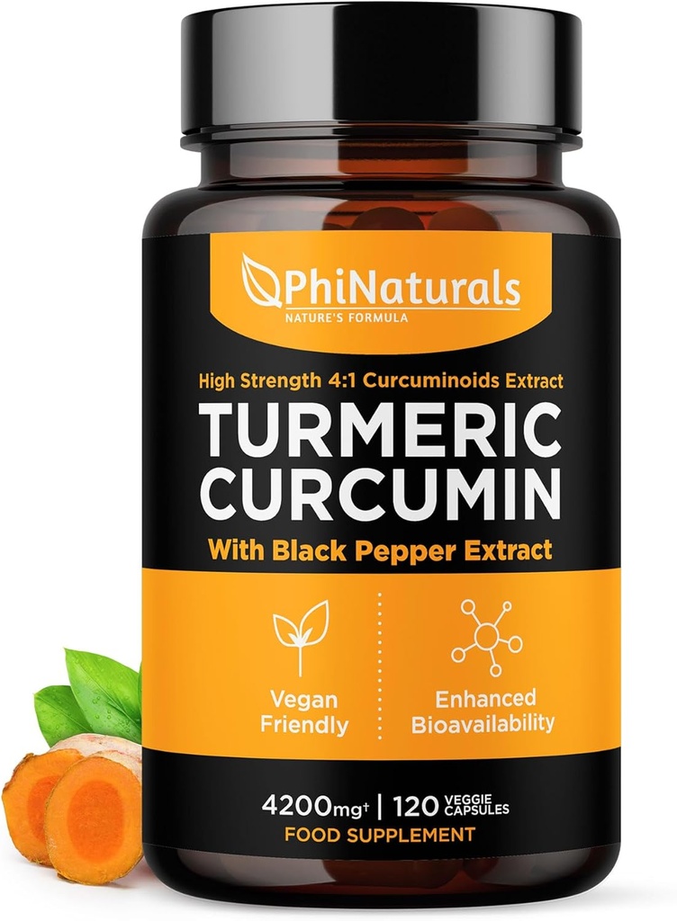 PhiNaturals Gurkemeje Curcumin Supplement med Black Pepper Extract - 4200 mg hel Curcuma Root Ækvivalent Per 3 Kapsler Servering - Tumeriske piller