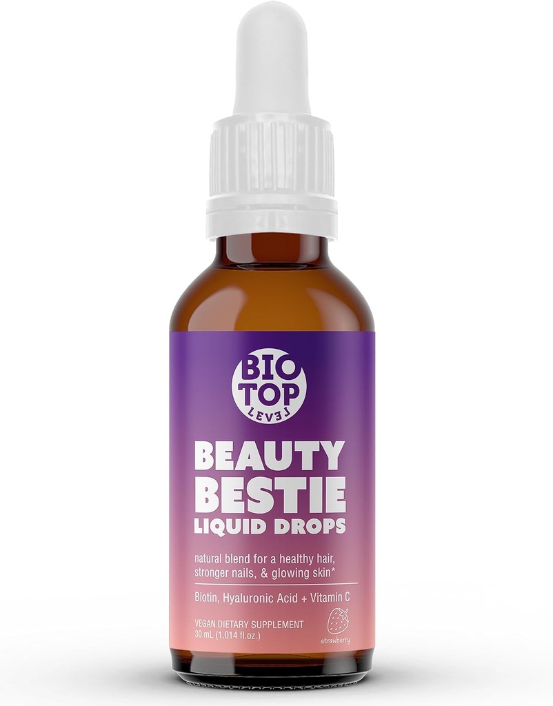 Skønhed Bestie Vegan flydende dråber, Biotin, C-vitamin, Hyaluronsyre, Multi- Benefit Vitamin Blend til støtte sundt hår, hud & negle vækst, sukker fri 1 fl oz.