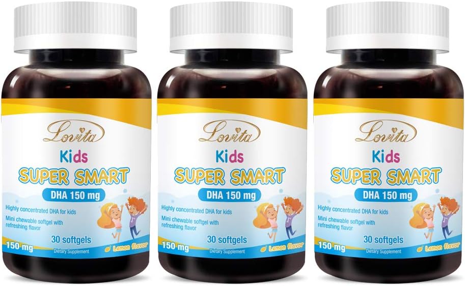 Lovita Kids Super Smart DHA, 150mg DHA og 30mg EPA af Omega 3 Fedtsyrer, Understøtter Brain Health, Natural Lemon Flavor, 30 Chewable Softgels (Pack of 3)