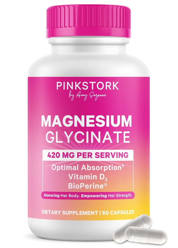 Pink Stork Magnesium Glycinate med D-vitamin - Magnesium supplement til kvinder til at støtte naturlig ro, mad og søvn - Hormonbalance for kvinder - 60 kapsler, 1 måned Tilgang