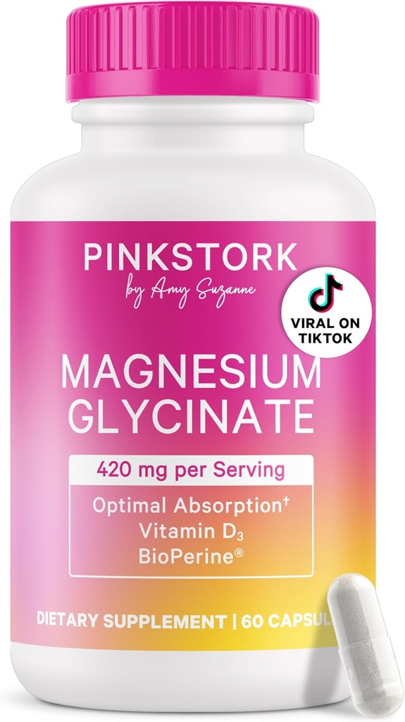 Pink Stork Magnesium Glycinate med D-vitamin - Magnesium supplement til kvinder til at støtte naturlig ro, mad og søvn - Hormonbalance for kvinder - 60 kapsler, 1 måned Tilgang
