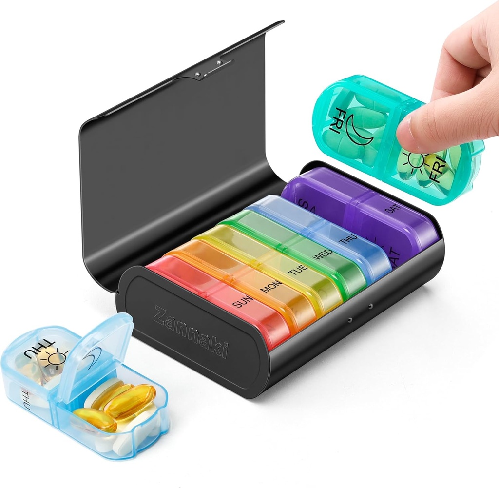 Zannaki Metal XL Weekly Pill Organizer 2 gange om dagen, Stor rejse Daily Pill Box 7 dag, Portable Uge To Pill Holder Container, AM PM Pill sag for medicin Vitamin Medicin supplement, sort