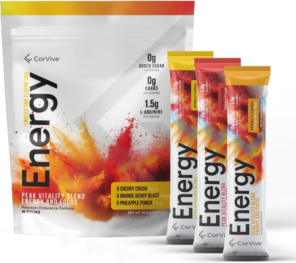Energy Drink Mix Variety Pack - Natural Energy & Focus Supplement med Carnosyn ®, Ashwagandha, L- Arginin, Theobromin - Zero Sugar, 5 kalorier, 120mg koffein