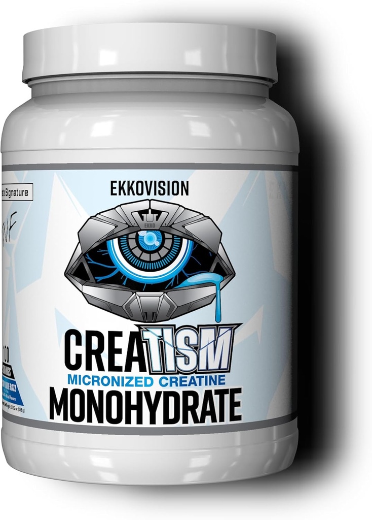 Ekkovision Creatin monohydrat pulver, mikroniseret, Puckin 'Blue Razz, Pre Workout & Post Workout Supplement for mænd & kvinder, Energistøtte, Let at blande i shakes, Smoothies & drikkevarer, 100 Servere